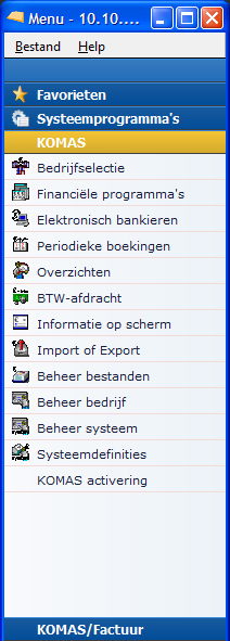 Hoofdmenu KOMAS/Windows