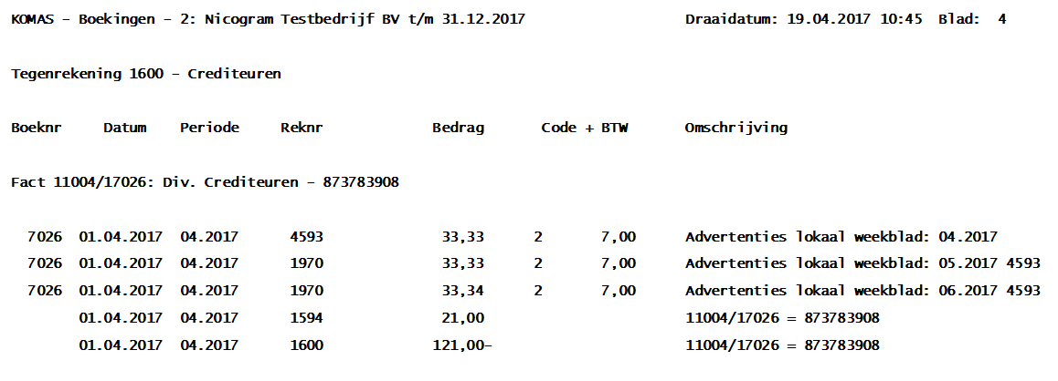 Boekingsverslag dagboek Crediteuren